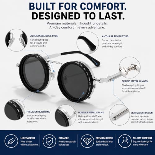 Image of Lucario Adjustable Tint Sunglasses, 1-9 Gears Rounded Polarized Glasses with ND Filter Lenses, for Men Beach Shady Fishing Driving.