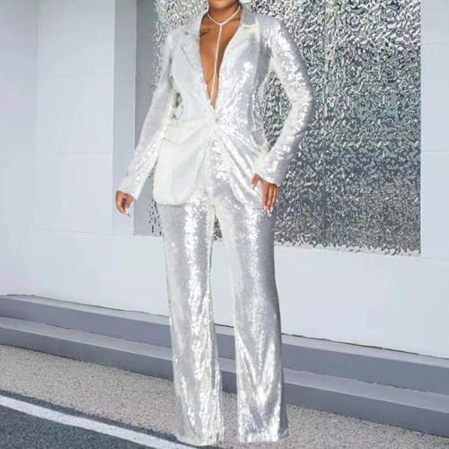 Women Suits 2 Piece Set Sequins Long Sleeve Blazer Sets Women 2 Piece Outfits High Waist Glitter Pants Suit Partywear2