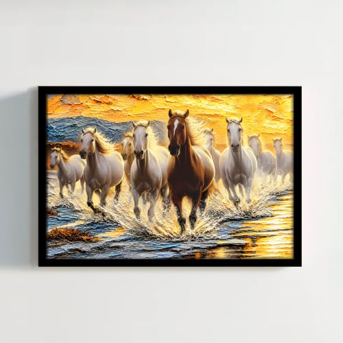 Image of PAINTINGMANTRA 9 Running Horses Vastu Framed Wall Art Painting For Living Room| Strength & Forward Energy Nine Horse Poster with frame for Wall, Decoration item for bedroom, 13x17.5 Inch