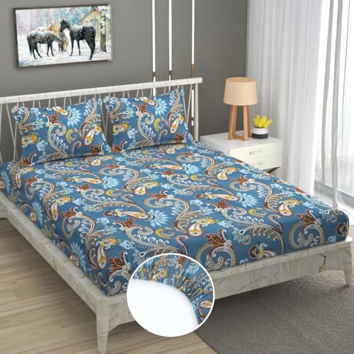 Image of Premium Heavy Cotton Elastic Fitted Bedsheets with 2 King Size Pillow Covers || Double Bed with All Around Elastic 350 TC || 72 x 78 x 10 Inch King Size Fitted || - Blue Jaipuri