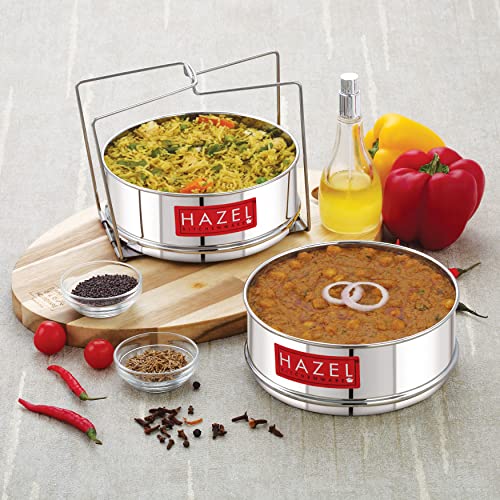 Image of HAZEL Cooker Separator with Lifter | Dal Chawal Container for Cooker | Stainless Steel Flat Cooker Dabba for 3 Litre | Set of 2 Containers, Dia : 13 x Height : 4.1 cm