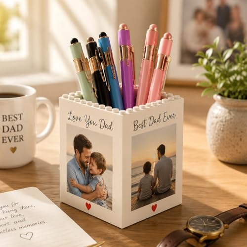 HERSTL Pot À Crayons En Brique Avec Photo Personnalisée Pour Bureau, Rangement En Forme De Puzzle Avec Photo Pour La Fête Des Pères, Cadeau Papa Et Moi...