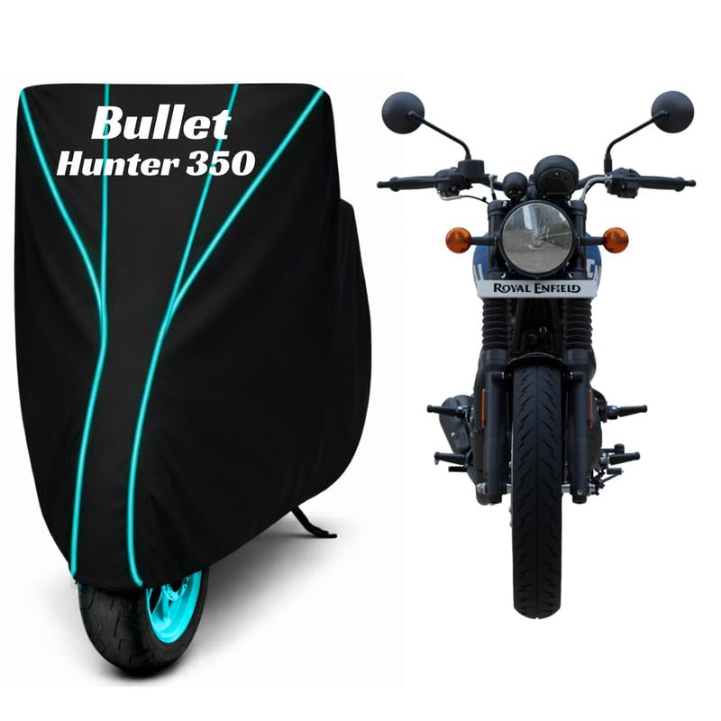 Image of Premium Bike Cover for Royal Enfield Hunter 350, Water Resistant, Dustproof, UV Protected, Scratchproof Motorcycle Cover for Outdoor Use, All Weather Protection (Black & Aqua Piping)