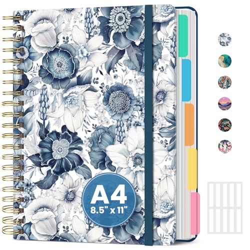 ZOTIA Large Spiral Notebook for Work, 8.5' x 11' Journal for Women, Cute 5 Subject Notebook with Removable Dividers & Tabs, College Ruled Lined Journal for Office and School, 280 Pages, Blue Floral