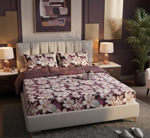 Image of 7D 400TC Cotton Feel Glace Cotton Elastic Fitted Bedsheet Queen Size || Includes 1 Double Bed Elastic Bedsheet Queen Size with 2 Pillow Covers (60 inch x 78 inch Inches, Jasper)