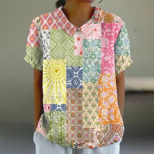 Camisas de linho femininas de manga curta com lapela e gola na moda, blusas soltas, casuais, de verã