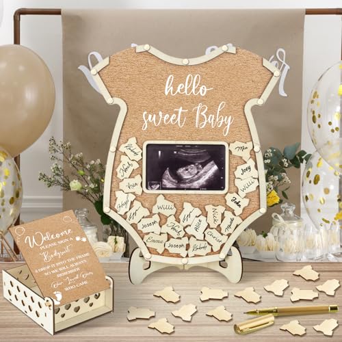 Image of Wenqik 63 Pcs Bodysuit Baby Shower Guest Book Alternatives Set Baby Shower Decorations with Photo Frame Sonogram Frame Keepsake 60 Wood Slices Guest Book for Birthday