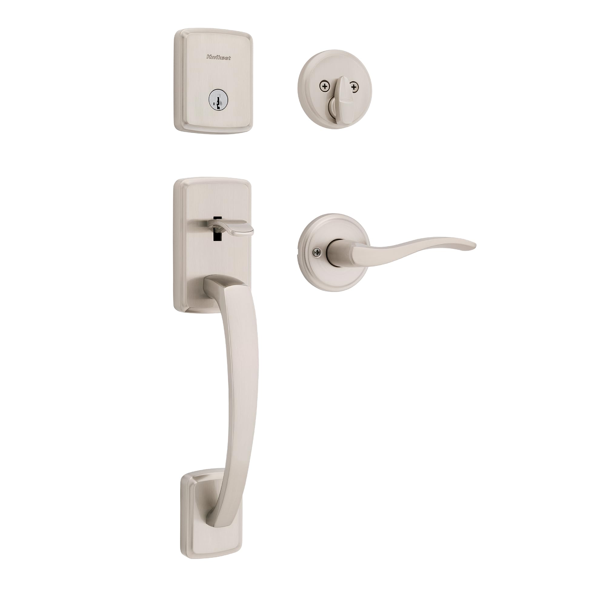 Kwikset Brentford Front Door Lock Handle and Deadbolt Set, Entry Handleset with Sedona Reversible Lever, Satin Nickel, Pick Resistant SmartKey Rekey Deadbolt Security, with Microban Protection