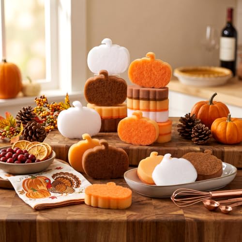 Image of Tioncy 12 Pack Pumpkin Kitchen Sponges Bulk Dual Sided Scrubber Brown Orange White Pumpkin Sponges Reuseble Non Scratch Dishwashing Kitchen Cleaning Accessories for Pot Boiler Pan Household