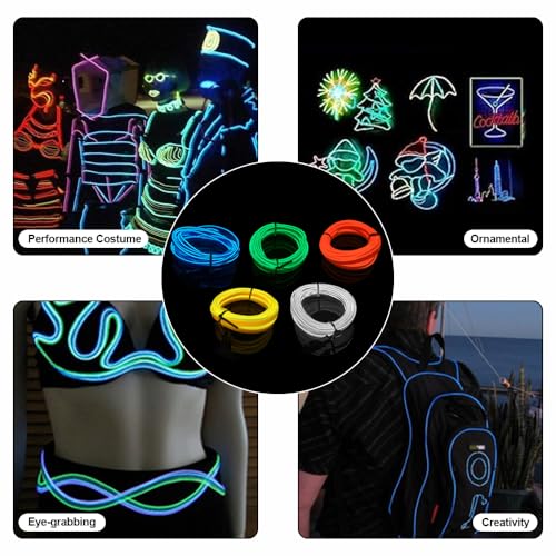 Joycabin 5 Stück EL Draht, 3M Neon Kabel Mit Batterie Trafo, Portable Neon leuchtende Wearable LED Lights für Partys, Karneval, Halloween, DIY Kostüm Dekoration (Blau, Grün, Orangerot, Gelb, Weiß)