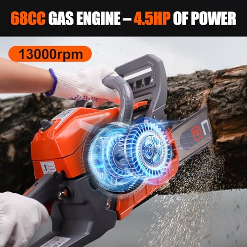 68CC Gas Powered Chainsaw 22 24 Inch Bar Chainsaws 2-Cycle Cordless Handheld Petrol Gasoline Chain Saw for Tree Felling Forestry Logging Backyard Storm Cleanup Farm Wood Cutting