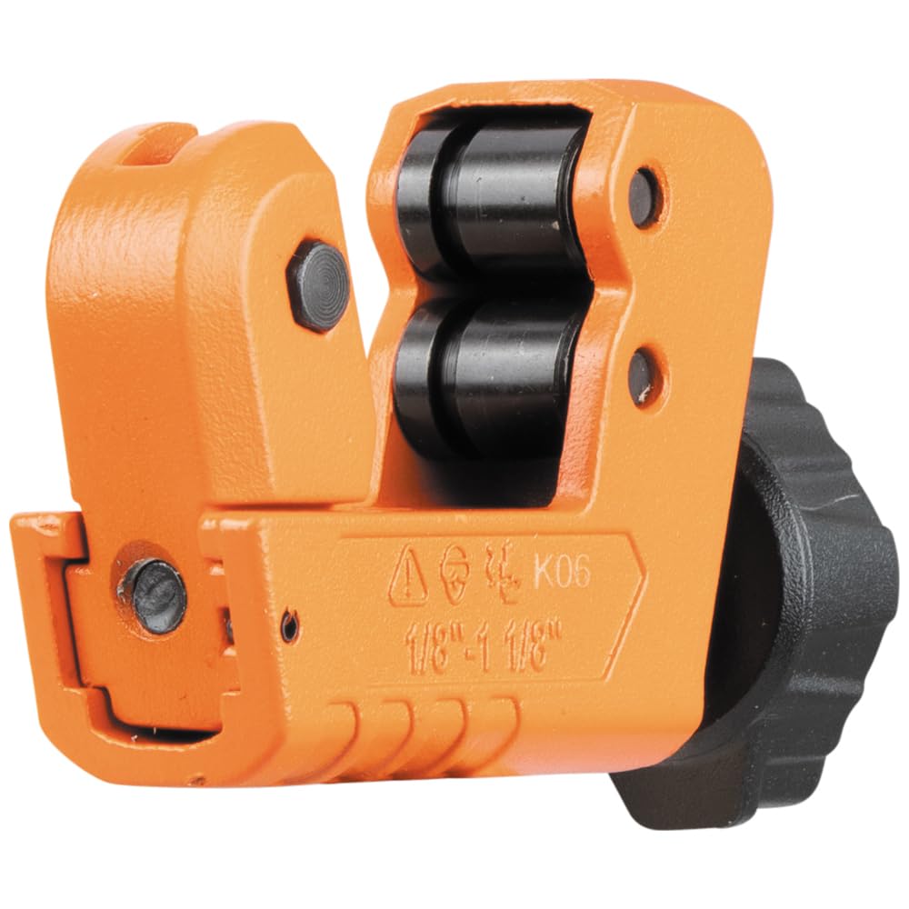 Klein Tools 50047 Mini cortador de tubos, diámetro exterior de 1-1/8 pulgadas, capacidad de corte para tubos de aluminio y cobre, hoja de repuesto incluida