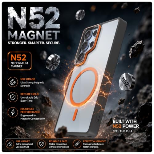 Image of Pikkme Back Cover for Samsung Galaxy S25 Ultra 5G | Shockproof | Mag-Safe Compatible | Hard Transparent Back | Premium Raised Camera Protection | Bumper Case (Black & Orange Mag-Safe)