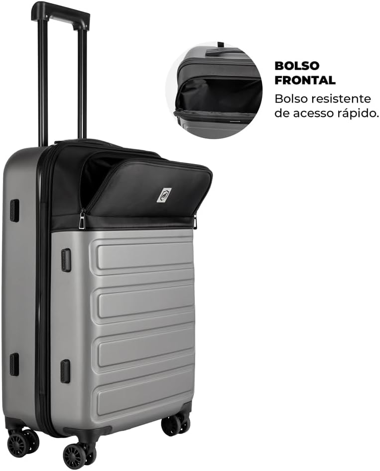 Gshield Mala de Viagem Armor em ABS com Bolso Rodinhas 360º Leve e Resistente (Cinza, Mala Média - 84 Litros)