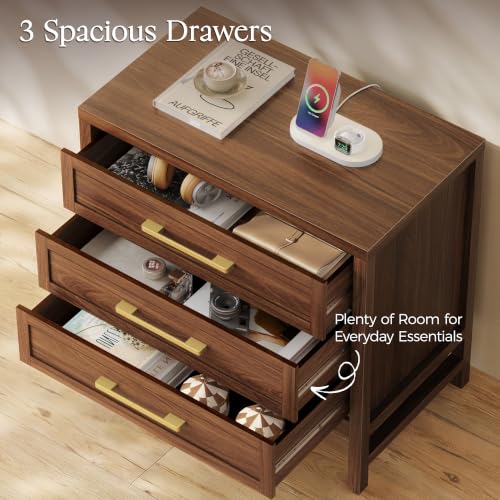 SUPERJARE 26.8'' Tall Night Stand with Charging Station, Set of 2 | 27.6''W Nightstand with USB-C Port, Bedside Table with 3 Drawers, Modern End Table for Bedroom, Living Room, Walnut - image 7