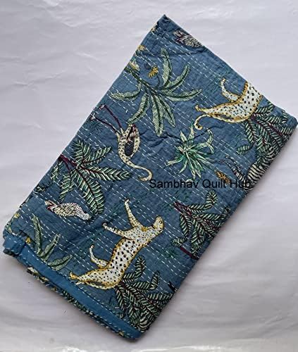 Handblock Jungle Tiger Print Handmade Cotton Kantha Quilting Throw Blanket Hippie Queen/King Size Bohemian Animal Block Kantha Quilt (Blue)