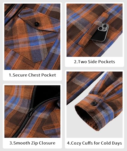 Image of V VALANCH Men's Sherpa Lined Flannel Jacket with Hood - Zip Up Plaid Shirt Jacket Winter Outdoor Warm Outerwear Fleece Coat