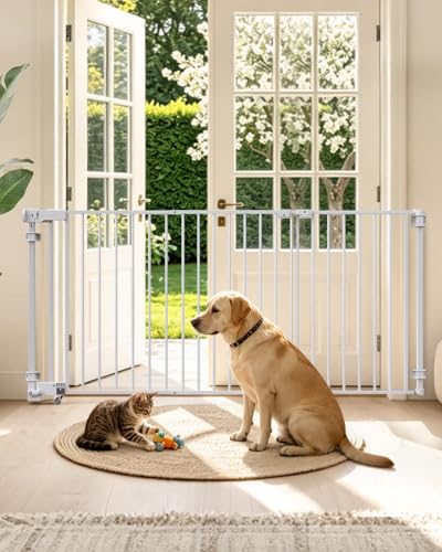 HomeMiYN 23.8-60.6 Extra Wide Baby Gate for Stairs Metal Pet Dog Gate for Doorways Indoor 2 Installation Positions Hardware Mount 29.1H Walk Through Safety Child Gate for Kids Toddler White