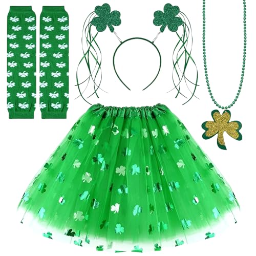 4 Stück St.Patrick's Day Parade Kostümzubehör Set, St Patricks Day Kostüm für Mädchen, Grüner Irish Kleeblatt Rock und Shamrock Stirnband Halskette, für St.Patrick's Day Dekoration Party Supplies