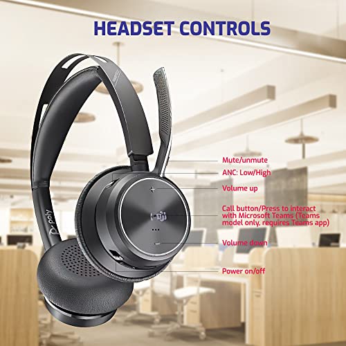 Image of Poly Plantronics Voyager Focus 2 MS, Stereo Bluetooth Headset, USB-C for Teams, Connects to Laptop and Smartphone - Works with Zoom, RingCentral, 8x8, Vonage - w /USB C /A Adapter and GTW Cloth