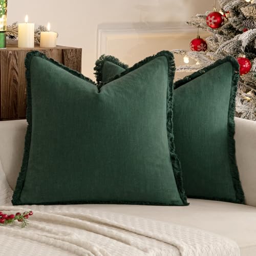MIULEE Boho Linen Fringe Christmas Throw Pillow Covers Army Green 18x18 | Set of 2, Cottagecore Decor, Boho Farmhouse Neutral Pillow Covers, Rustic Couch Cushion Cases for Sofa Bed Living Room
