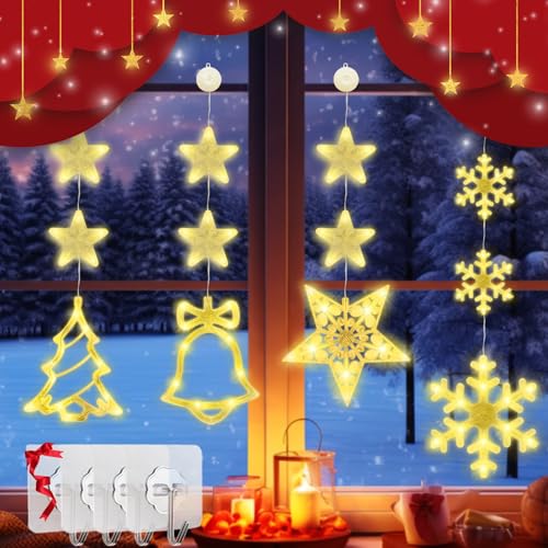 YEPVIE Luzes de Natal para janelas interiores, 4 unidades de decoração de Natal para janelas com estrelas e floco de neve, árvore de Natal e Jingle Bell, 80 LEDs para decoração de janelas,