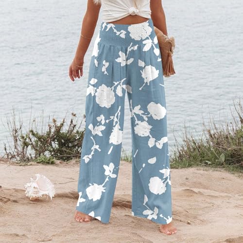 Women's Cotton Linen Elastic High Waisted Palazzo Pants, Boho Floral Wide Leg Beach Pant Trousers with Pockets3