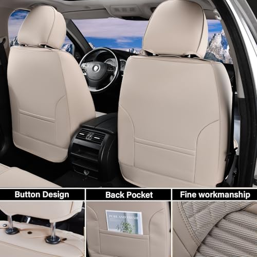 Image of Coverado Car Seat Covers Full Set, Leather Seat Covers for Cars, Waterproof Car Seat Protector Cushions Universal Fit for Most Vehicles, Sedans, SUVs, Trucks and Vans (Beige)