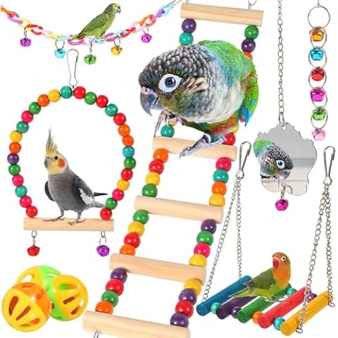 Bird Toys for Parakeets 9Pcs,Bird Wooden Ladder Bridge Parrots Toys Budgie Toys Bird Cage Accessories,Swing Hammock for Conure,Cockatiel,Love Birds, Finches, Mynah,Budgerigar Cover