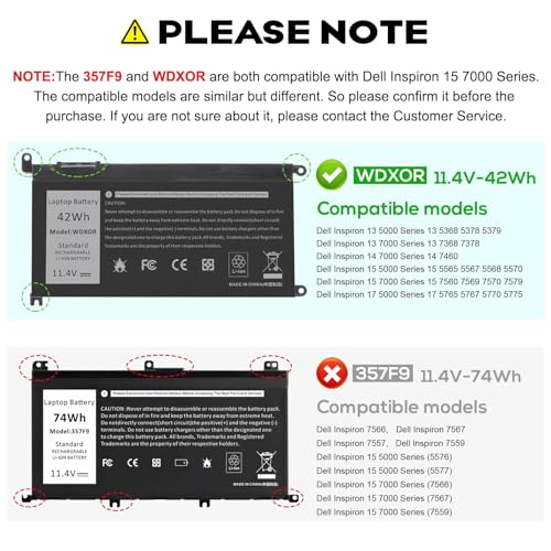 Image of WDX0R Laptop Battery for dell Inspiron 15 7579 7569 5578 5565 5567 5568 5570 5775 5579 7560 7570 13 5378 5368 7375 7368 7378 17 5765 5767 5770 Series P69G001 P58F P58F001 P75F P66F P69G 3CRH3