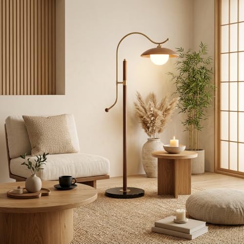 Image of Floor Lamp 3-Color CCT (Warm + Natural + Cold White) | Metal & Wood Arc Standing Lamp for Living Room, Bedroom | E27 | Home Decor