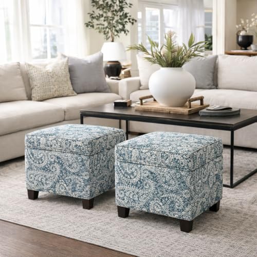 Image of HomePop 18 inch Classic Square Storage Ottoman - Gray Paisley Blue