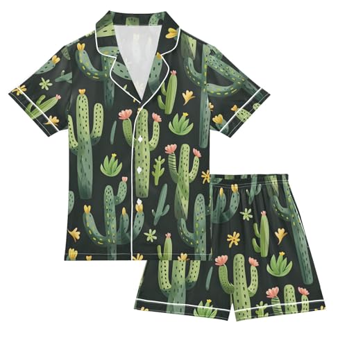 ALAZA Green Cactus Black Watercolor Pajamas Satin Pajama Set Short Sleeve Button Down Sleepwear