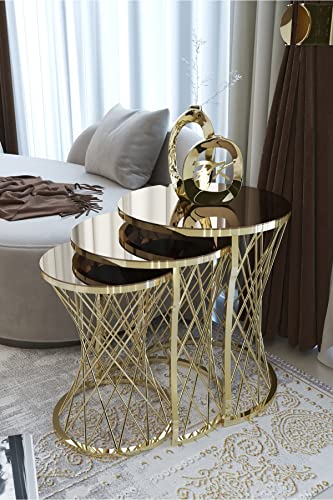 Puklife Hasır 3'lü Zigon Sehpa Gold-Bronz (Gold Nikel)
