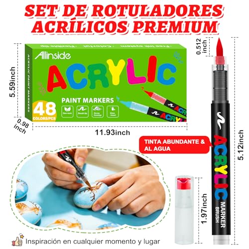 Image of Allinside Acrylic Paint Markers, 48 Colors Soft Brush Tip Paint Pens, Waterproof Quick Dry Acrylic Markers for Rock Painting Wood Canvas Glass Fabric Stone Egg DIY Art Crafts Supplies