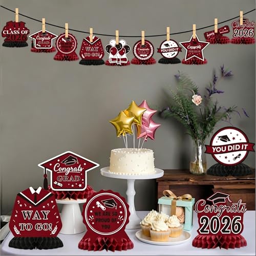 Image of Graduation Decorations 2026, 10PCS Graduation Centerpieces for Table Maroon Black Graduation Party Decorations Class of 2026 Congrats Grad Honeycomb Centerpieces Table Decor Graduation Party Supplies