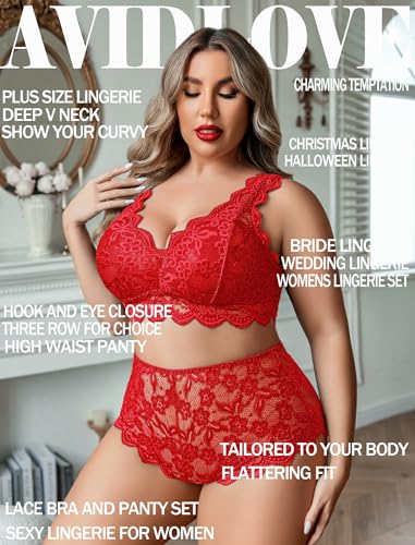 Image of Avidlove Plus Size Lingerie Set for Women Sexy Lace Halter Bralette High Waist Panty Set