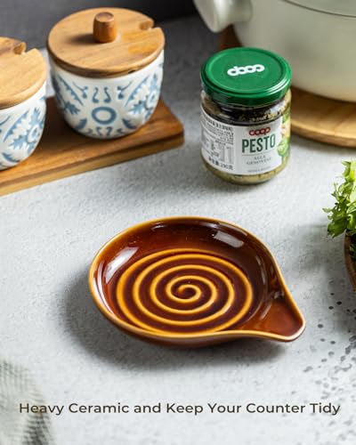 Image of LAUCHUH Spoon Rest, 5 inches Large Ceramic Spoon Rest for Stove Top Cooking Spoon Holder for Kitchen Counter Spatula Holder for Tongs, Ladle, Fork, Heat-Resistant, Dark Brown