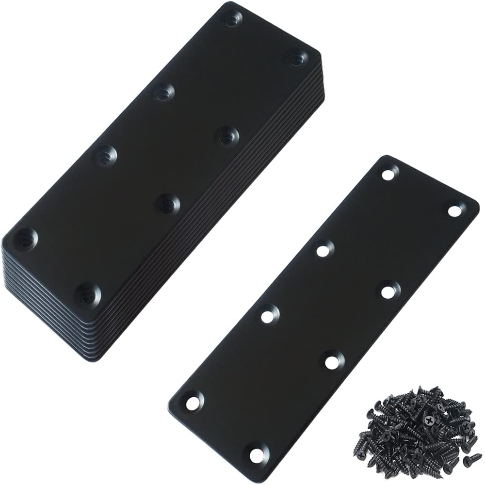 10 piezas de placa de reparación plana negra de acero inoxidable soporte plano de 5.5 x 1.9 pulgadas soporte de fijación recto de metal para madera, con tornillos