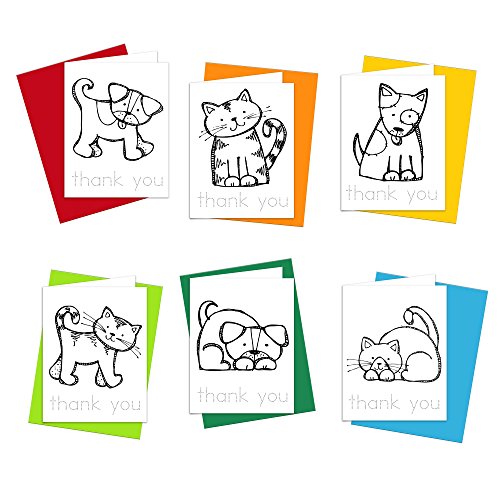 Coloring Thank You Cards: Set of 6 Thank You Notes for Kids to Color and Practice Letter Writing 100% Recycled and Made in USA (Cats and Dogs)