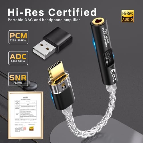 EZ EAR CCZ CM01 Adaptador de Auriculares USB C a Conector DAC de 3,5 mm MAX97220 Amp Conexant CX31993, convertidor de Audio de Alta resolución de 24 bits/384 kHz con Cable Chapado en Plata - imagen 3