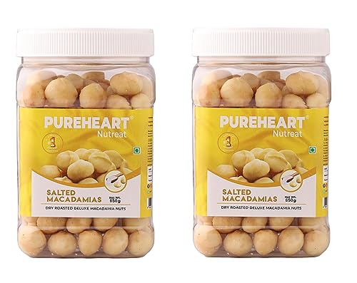 Image of Pureheart Salted Macadamia (650 gm, Pack of 2) Premium Roasted Australian Macadamia Nuts, Rich in Antioxidants - Whole, Exotic, and Crunchy Dry Fruits, Ideal Snacks, No Additives - Reusable Jar