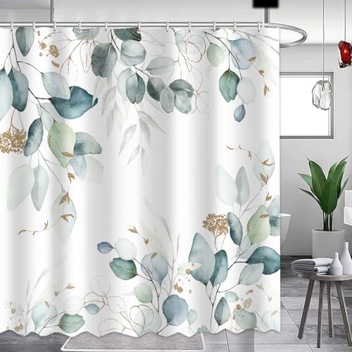 APROPHIC Cortina de ducha de hojas de eucalipto baño de hojas decorativa cortina de ducha de 72 x 72 pulgadas, tela de poliéster, cortina de baño impermeable con separador de bañera con 12 ganchos