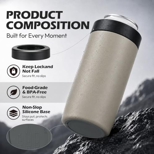 Image of 4-in-1 Slim Can Cooler Easy to Hold Insulated Beer Can Holder Double-walled Stainless Steel for All 12 Oz Cans (Beige)