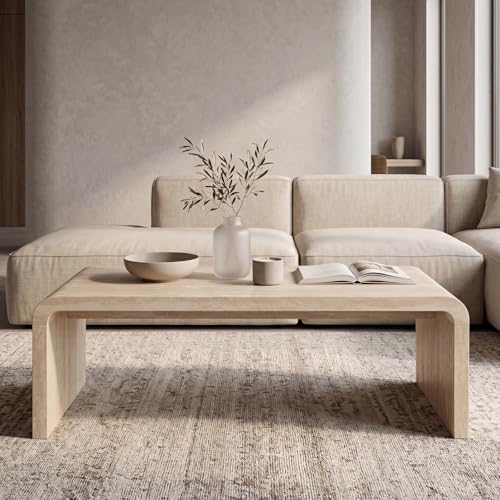 Hyfirm 47" Travertine Look Coffee Table, Thick Waterfall Edge Wood - Image 3