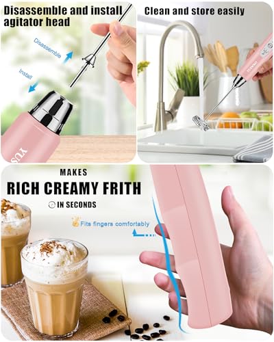 Image of YUSWKO Rechargeable Milk Frother Handheld Frother Wand Drink Mixer for Coffee, Electric Whisk 3 Speed Adjustable, Coffee Foamer Maker with 3 Stainless Whisks Ideal Stirrers for Travel - Pink