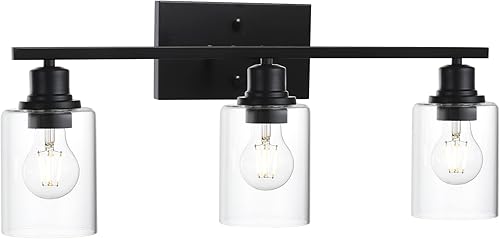 VINLUZ Lámpara de tocador negra mate para baño, 3 luces de casa de campo, interiores, accesorios de iluminación sobre espejo con pantalla de vidrio