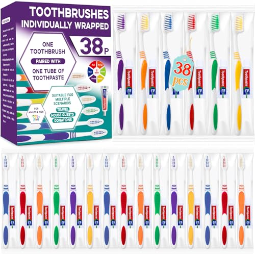 Disposable Toothbrush with Toothpaste 38 PCS, Travel Toothbrush and Toothpaste Bulk Set,Soft Bristle Individually Wrapped Toothbrushes Bulk for Kids, Adult. Suitable for Hotel, Travel, Home, Donated