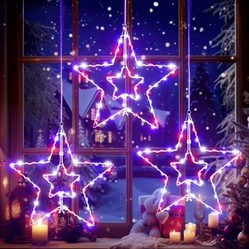 Decorations 2 Layers of 14.8inch Red White Blue Big Stars with Foldable Function, Durable Metal Frame Patriotic Stars Lights with Remote, 8 Modes & Timer， 3 Packs (Multicolor)