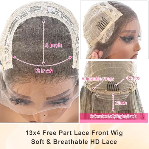 Image of Ombre Ash Blonde Highlight Lace Front Human Hair Wig for White Women, 180% Density 13x4 HD Lace Frontal Pre Plucked Tiny Knots Real Remy Wear and Go Glueless Wigs with Ash Brown Roots 16 Inch
